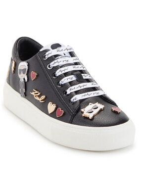 Karl Lagerfeld Black Leather Low-Top Sneaker with Gold and Red Accents